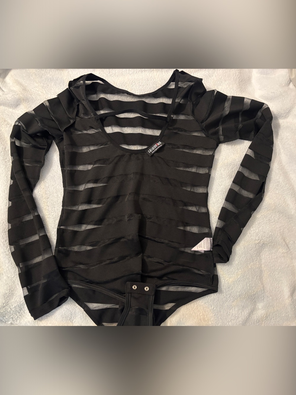 Fashion Nova Black Sheer Striped Long Sleeve Bodysuit